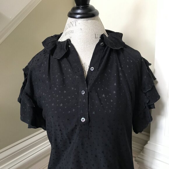 KOCH Popover Ruffle Blouse Top Shirt Womens XS Black Short Sleeve Button Front - Picture 3 of 11